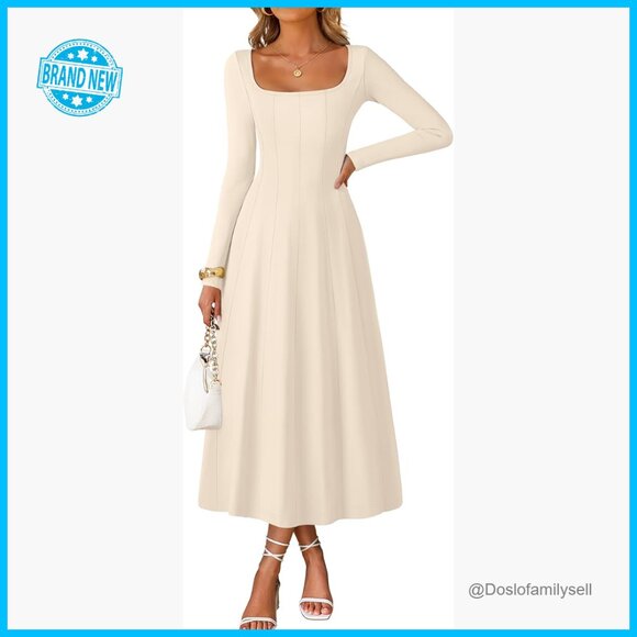 Dresses & Skirts - Elegant Square Neck Midi Dress Long Sleeve High Waist Flowy Cocktail Party